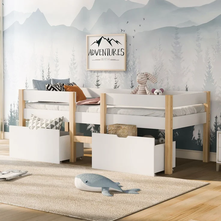 Bett Kinderbett mit Schublade und Rausfallschutz, Kiefer-Vollholz-90x190 cm-Weiß & Eiche – Bild 5