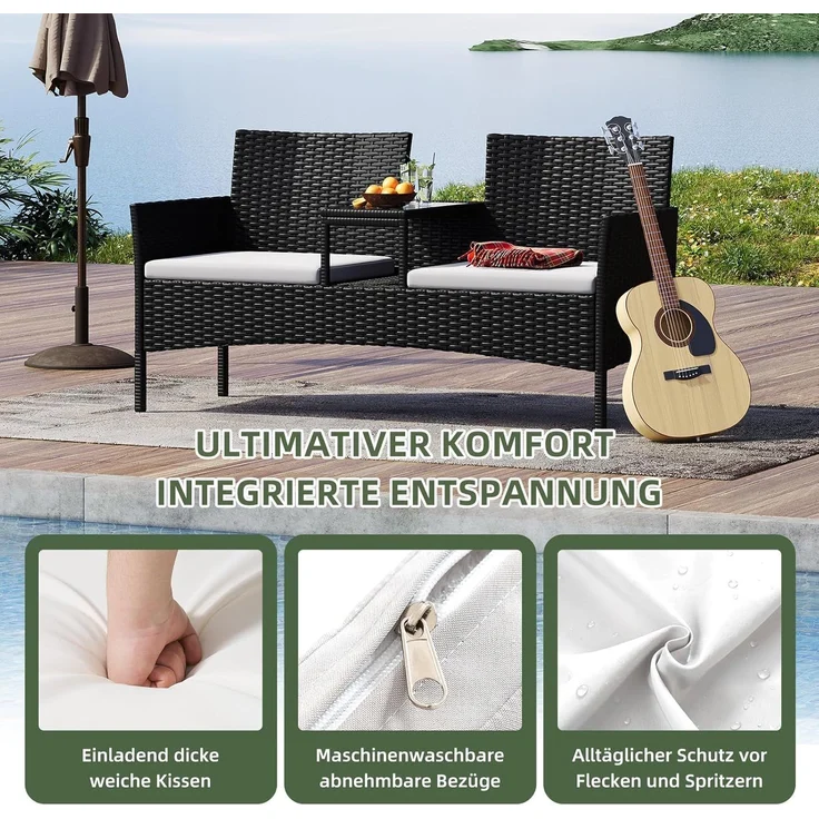 Aoxun 2-Sitzer-Gartenbank aus Rattan, extrabreite Outdoor-Zweisitzerbank mit seitlichem Ablagetisch 144x62x80cm, bequemes Terrassenmöbel-Set mit Kissen und Regenschutz für Garten, Balkon, Cremefarben – Bild 4