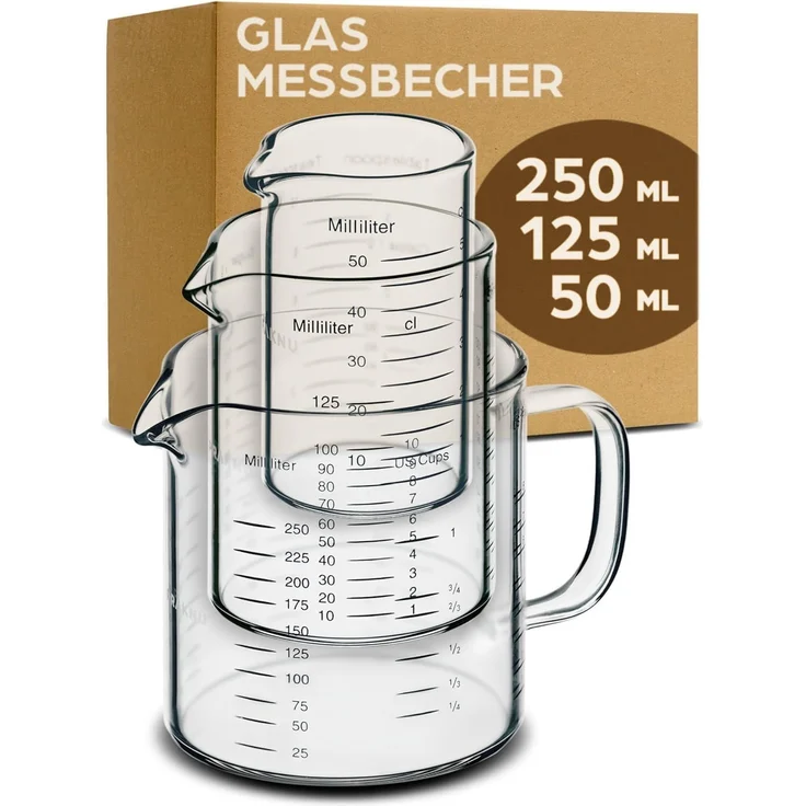 Praknu Messbecher Glas Messbecher mit Ausguss - 50ml, 125ml, 250ml - Präzise Skala, Borosilikatglas, (Set) – Bild 1
