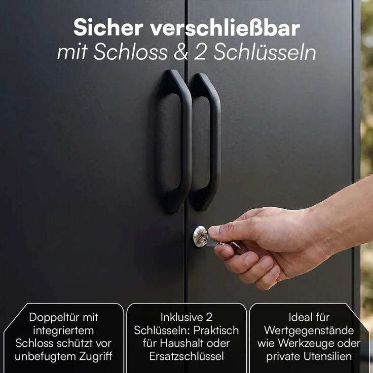 STEELSØN 'Menkent' Outdoor Metallschrank, Doppeltür mit Schloss, schwarz, 170x80x45 cm, mit 6 Einlegeböden, 8 höhenverstellbare Fächer – Bild 5