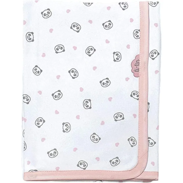 Ti TIN | weiche, saugfähige Babydecke, 80x75 cm | Krabbeldecke aus 100% Baumwolle mit doppellagigen Stoff, Babydecke fürs Auto, Wiege, Kinderwagen, Babyschale, etc, Panda-Herz-Motiv, rosa
