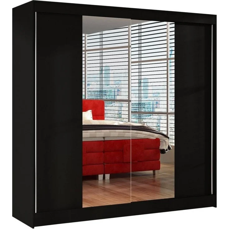 Schwebetürenschrank Basti II 200 cm mit Spiegel - Kleiderschrank, Schiebetürenschrank mit Kleiderstange und Einlegeboden, Schlafzimmerschrank, Schiebetüren, 200x215x58 cm (Schwarz)