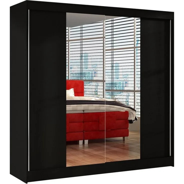 Schwebetürenschrank Basti II 200 cm mit Spiegel - Kleiderschrank, Schiebetürenschrank mit Kleiderstange und Einlegeboden, Schlafzimmerschrank, Schiebetüren, 200x215x58 cm (Schwarz)
