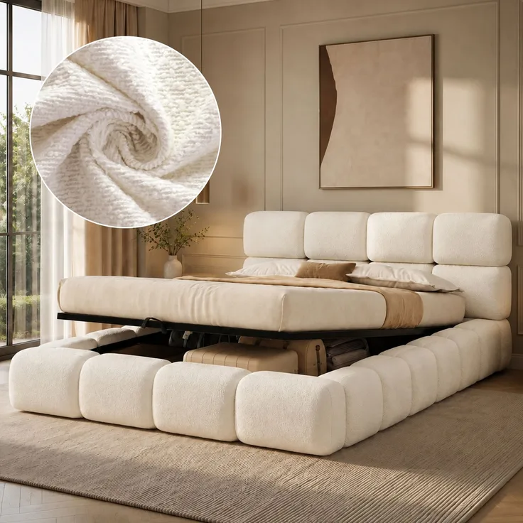 Gepolstertes Doppelbett, 160 x 200 cm, hydraulisch verstellbar, wolkenförmiges Bett, Stauraumbett, Bubble-Design, Lattenrost, mit Kopfteil und großem Stauraum, gepolstertes Kopfteil, weißer Schlingenveloursstoff.