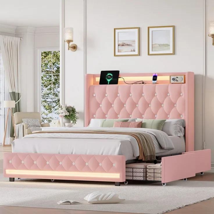 Homfa Polsterbett Doppelbett 140x200 Stauraumbett, mit Ladefunktion und 4 Schubladen, LED-Beleuchtung, Samt Rosa