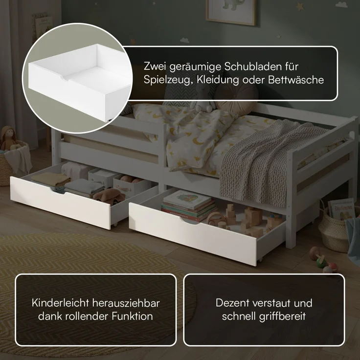 Bellabino 'Iskri' Kinderbett 90x200 cm mit 2 Schubladen inkl. Matratze, weiß, Massivholz Kiefer, Jugendbett mit Rausfallschutz und Lattenrost – Bild 5