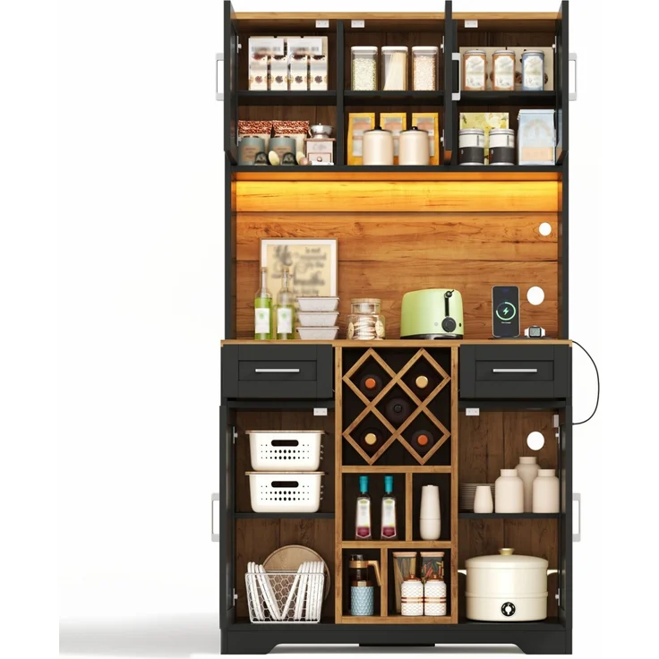 ZUBALIYA hoher Stauraumschrank mit LED-Beleuchtung / Vorratsschrank mit Weinregalen, mit weinschrank & Vitrinenschrank für Wohnzimmer und Esszimmer, 180 x 105 x 40 cm, fürs Wohnzimmer, mit Schubladen – Bild 6