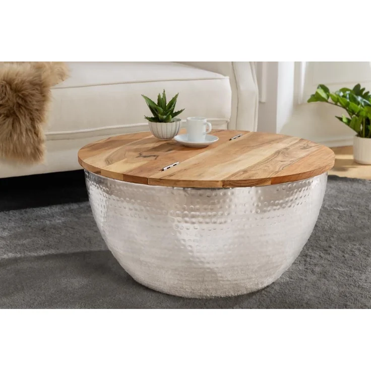 riess-ambiente Couchtisch ORIENT STORAGE Ø60cm natur / silber (Einzelartikel, 1-St), Wohnzimmer · rund · Massivholz · Metall · mit Stauraum · Hammerschlag – Bild 7
