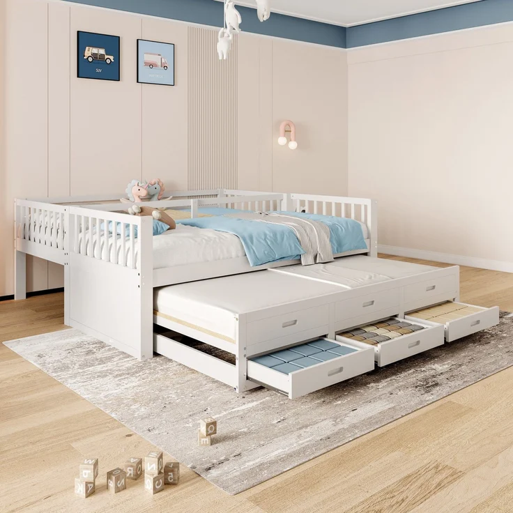 Etagenbett mit 2 Schlafgelegenheiten, Ausziehbett, Schubladen, Leiter und Rausfallschutz, 90x200 cm, Kinderbett umbaufähig zu 2 Einzelbetten, Kiefer – Bild 4