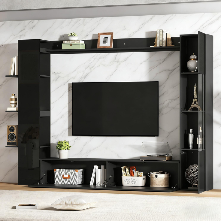 Wohnwand , Vitrinen Türanschlag wechselbar,(Set, 4-St), Kompaktwohnwand mit viel Stauraum,TV-Schrank, Vitrine, Aufbewahrungsschrank, speziell für das Wohnzimmer,Schwarz--Schwarz--245x30x170cm--YOUDENOVA – Bild 6