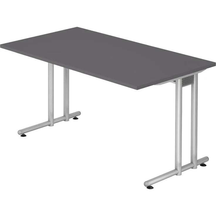 bümö Schreibtisch N-Serie 140x80 cm, Tischplatte aus Holz in graphit, Gestell aus Metall in Silber - PC Tisch, Computertisch für's Büro, Office Bürotisch, NS-14-G-S – Bild 1