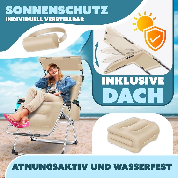 KESSER® Sonnenliege Liegestuhl, klappbare XXL Gartenliege Wetterfest, Belastbar 200kg, Ergonomisches Polster verstellbare Rückenlehne inkl. Nackenkissen Getränkehalter & Armpolster, mit Dach Beige – Bild 4