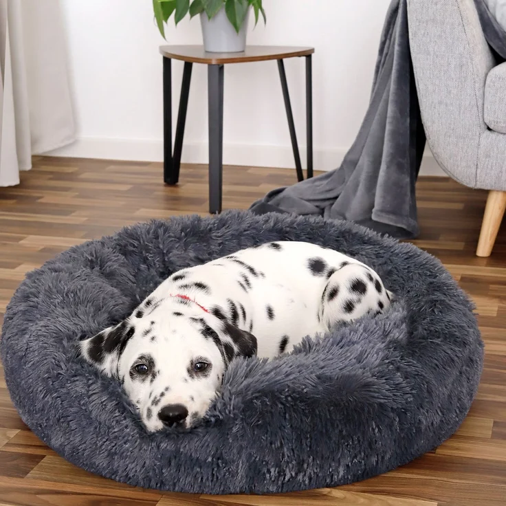 lionto Donut Hundebett, rundes Hundesofa mit Plüschbezug & Anti-Rutsch-Noppen, weich & gemütlich, 60 cm Durchmesser, dunkelgrau – Bild 2