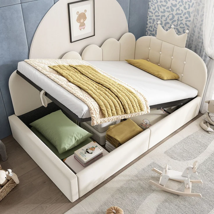 Merax Einzelbett 90x190 cm, Kinderbett, Polsterbett, Daybett, Tagesbett-Schlafsofa mit Stauraum (hydraulisch), Gästebett L-Form Samt, Beige – Bild 2