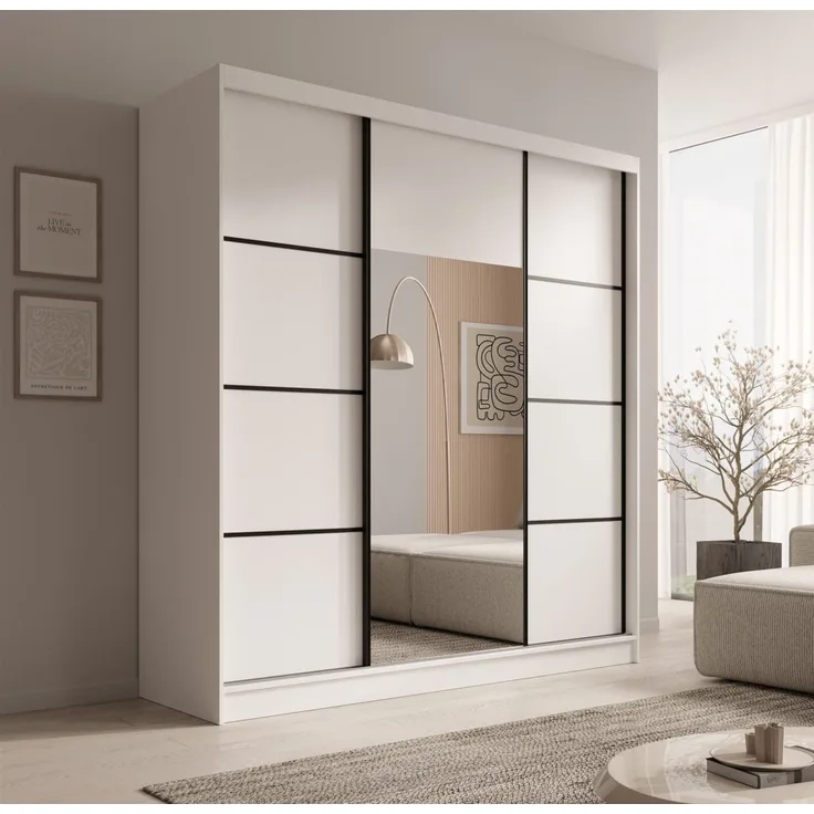 Schiebetürenschrank Schrank ALFA in Weiß- Tür Applikation Schwarz 200x215x61 cm