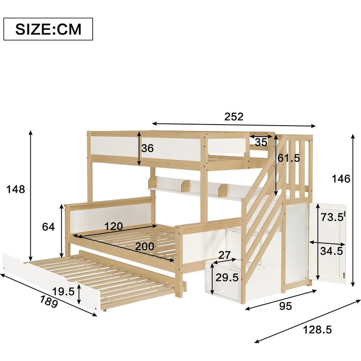 Merax 90x200&120*200cm Etagenbett, Kinderbett, mit Fallschutz und Gitter, Entworfen mit drei Bettpositionen, mit Rollbett, mit Kleiderschrank, Ecktreppe, Kiefer+MDF, Weiß+Natur – Bild 4