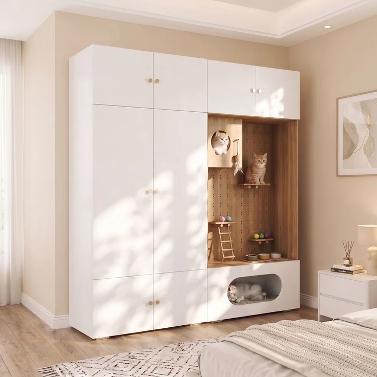 Kleiderschrank, Garderoben-Set Garderobe, Haustierschrank, 180 x 50 x 200 cm, mit 1 Kleiderstange, Katzenkletterwand und Haustierkissen, für Schlafzimmer, Wohnzimmer und Flur, Weiß+Holzoptik--Weiß, Holz--180x50x200cm--YOUDENOVA – Bild 3