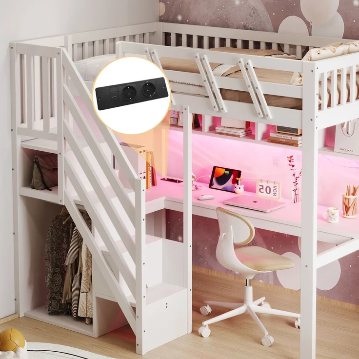 EINHOM Massivholzbett 90 x 200 cm mit Stauraum, Holz, Treppe mit Aufbewahrungsschrank, mit einem Schreibtisch, mit USB-Steckdose und mit LED-Licht Kinderbett, Jugendbett, Einzelbett, Massivholzrahmen, Hohe Ausführung, Weiß (Ohne Matratze) – Bild 3