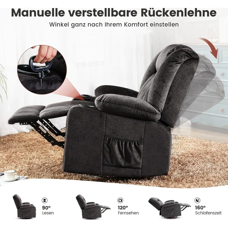 COMHOMA Manueller Drehbarer Relaxsessel für Erwachsene mit Verstellbarer Rückenlehne und Fußstütze, 360° Lounge Sessel für Wohnzimmer, Getränkehalter, Seitentaschen, Weicher Stoff, Ergonomisch, Grau – Bild 6