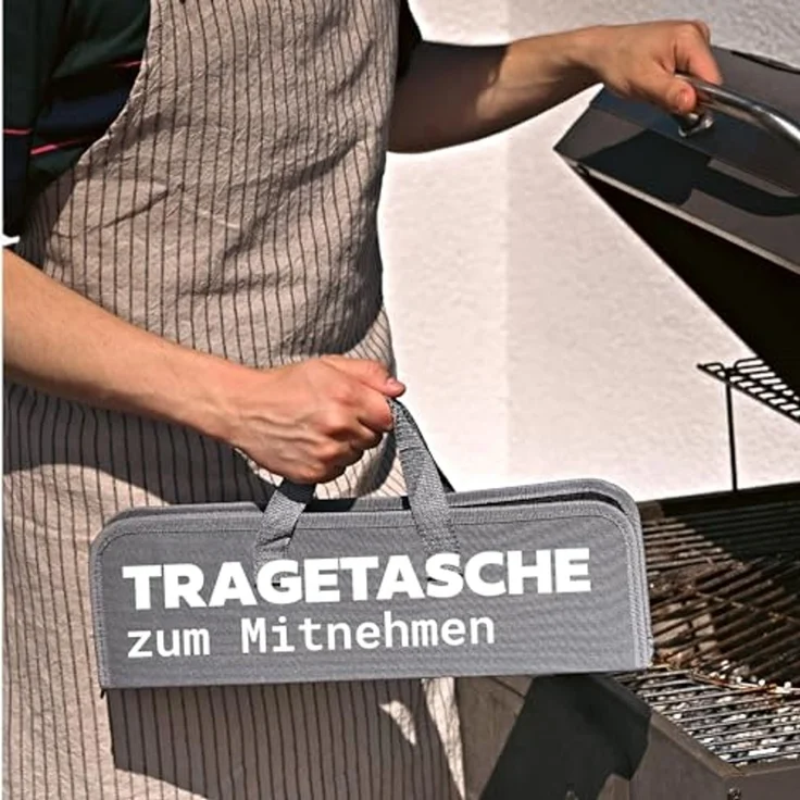 Praknu Grillbesteck-Set mit Holzgriffen und Tragetasche - Hitzebeständig, Rostfrei und Robust, (4-teiliges Set, 4 tlg, 1x Grillzange, Grillwender, Grillgabel, Grillbürste, Tragetasche), Lange Griffe (38cm), Spülmaschinenfest, inkl. Aufbewahrungstasche – Bild 4