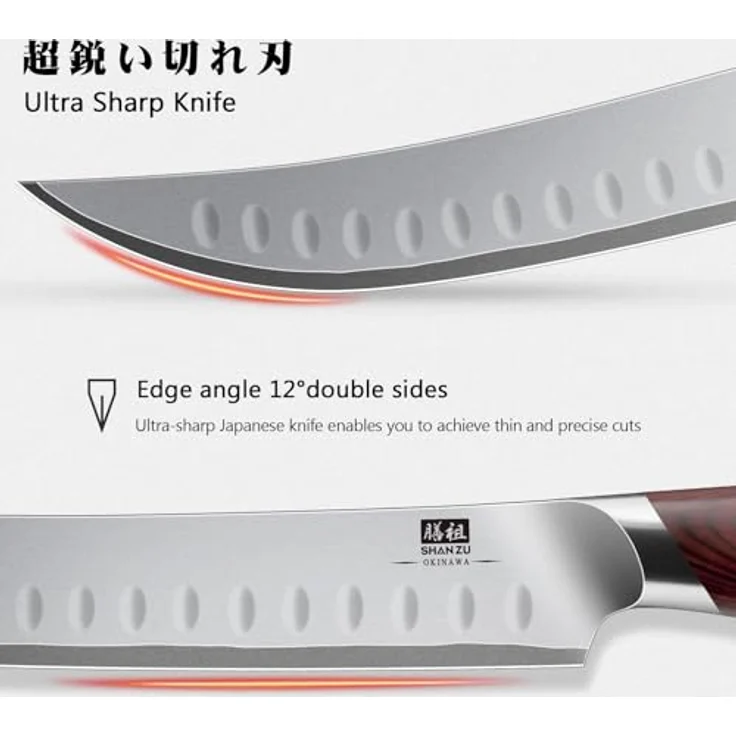 SHAN ZU Fleischmesser 30cm, Japanisches Tranchiermesser für Fleisch & Schinken, Metzgermesser mit 10 CR15Mov hoher Kohlenstoff -Edelstahl -Scharfe und ergonomische Pakkawood -Griff - Okinawa -Serie – Bild 6