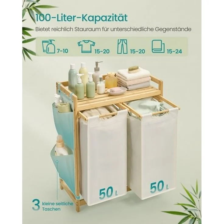 SONGMICS Wäschekorb, 2 Fächer, Bambus, 100 L, mit Ablage, kleine seitliche Taschen, 2 x 50 L, cremeweiß, 63 x 33 x 78 cm – Bild 3
