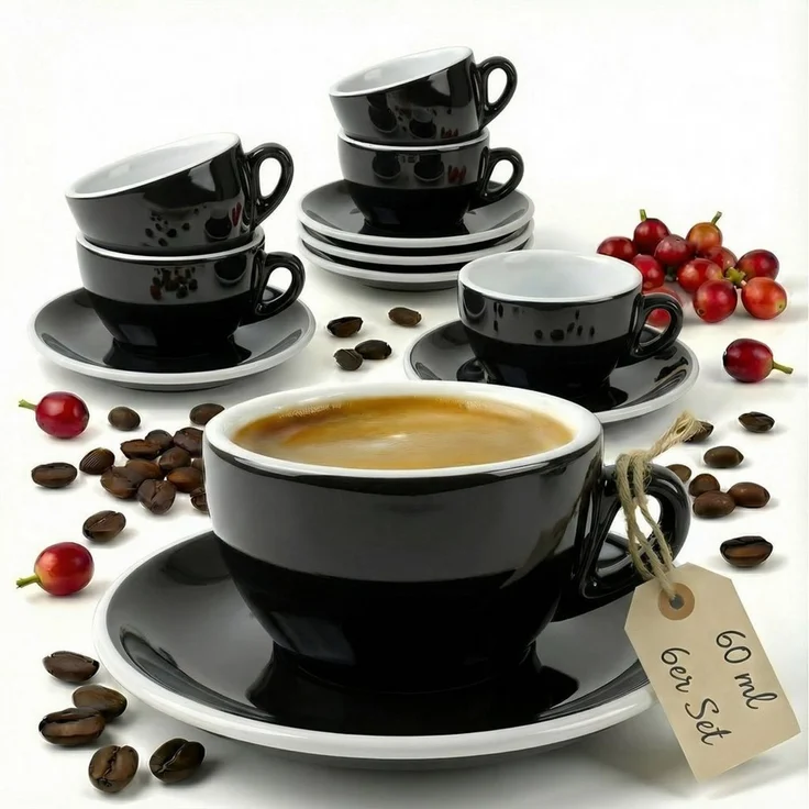 MUVELL Espressotasse Espressotassen Set 6 Tassen & Untertassen 0,8 cm dickwandig, 6-tlg, Keramik, 60 ml schwarz mit weißen Rand und Innenfläche – Bild 1