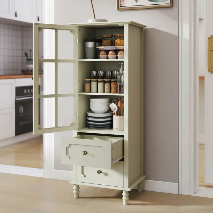 Minimalistisches Buffet mit Glastüren und Doppelschublade, modernes Sideboard aus Holz für Wohnzimmer, Esszimmer, Flur oder Eingangsbereich (weiß) – Cremeweiß – 50 x 40 x 130 cm – YOUDENOVA – Bild 7