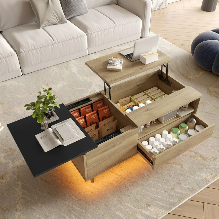Couchtisch Natur Holzwerkstoff höhenverstellbar mit LED-Bodenlicht und vielfältigem Stauraum