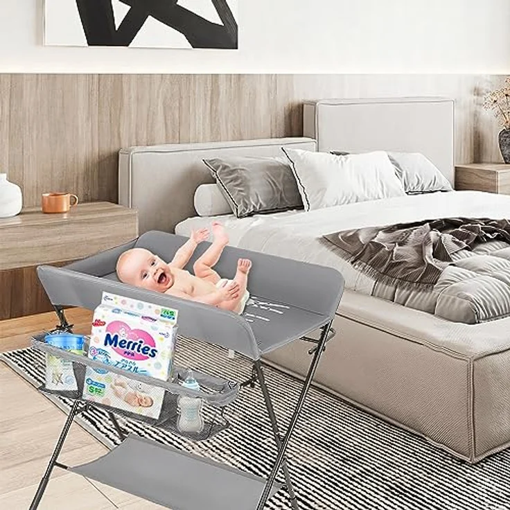 Baby Klappbarer Wickeltisch，Mobiler Wickeltisch mit Rollen und Wickelauflage,Wasserdicht und Höhenverstellbar，Baby Wickelkombi mit Ablagefächern-80 * 66 * 98cm grau – Bild 8