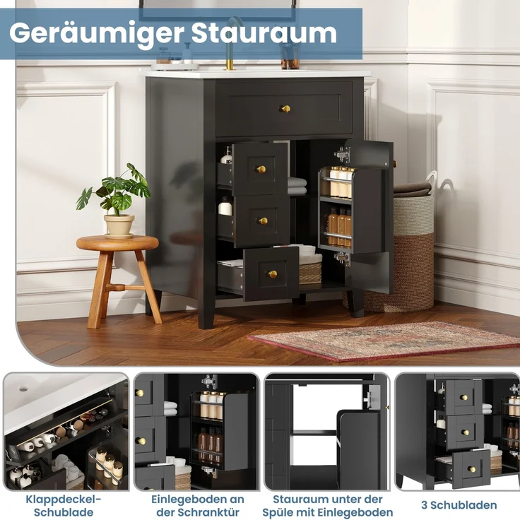 Waschtischunterschrank 61 x 47 x 86 cm mit Keramikwaschbecken und Schubladen – Hochglanzschwarz – Bild 6