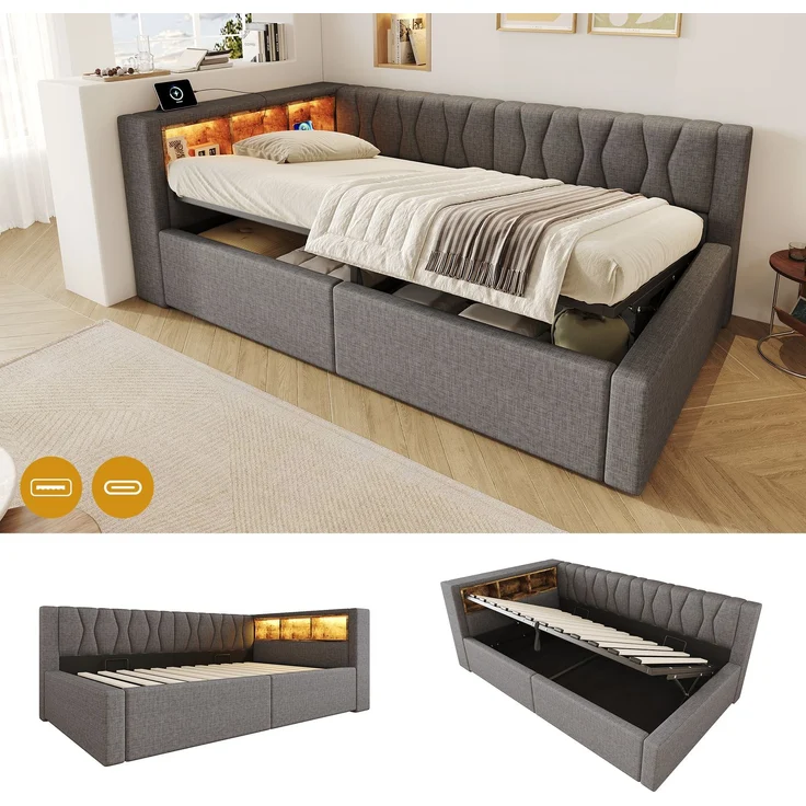 Daybett, Tagesbett, Schlafsofa,90x200cm, Ohne Matratze, Hydraulische Lagerung, mit dimmbarer LED-Leiste, mit praktischem Regal, mit USB-Anschluss, Grau – Bild 4