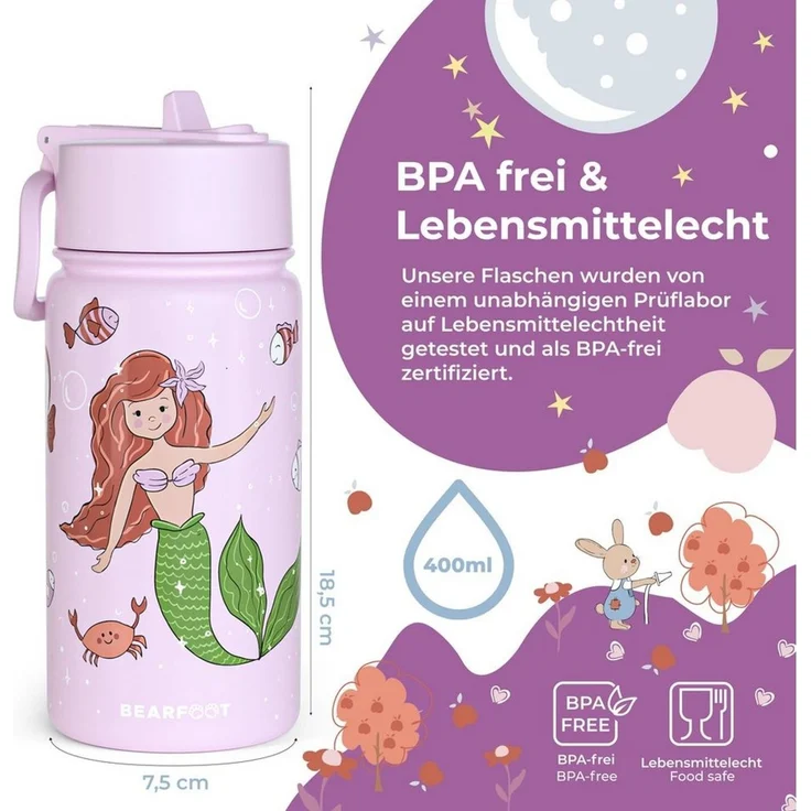 BEARFOOT Trinkflasche Thermo Kinder Trinkflasche Edelstahl - Meerjungfrau lila, Thermosflasche, auslaufsicher, Edelstahl, Kinderflasche, BPA-frei – Bild 3