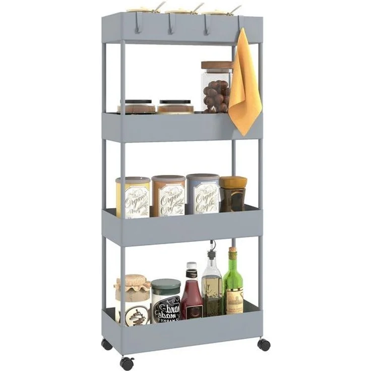 HOMCOM Küchenwagen mit 4 Ebenen, Rollen, Bremsen, (Aufbewahrungsregal, 1 St, Rollwagen), für Küche, Wohnzimmer, Kunststoff, Grau, 40 x 19 x 90 cm – Bild 4