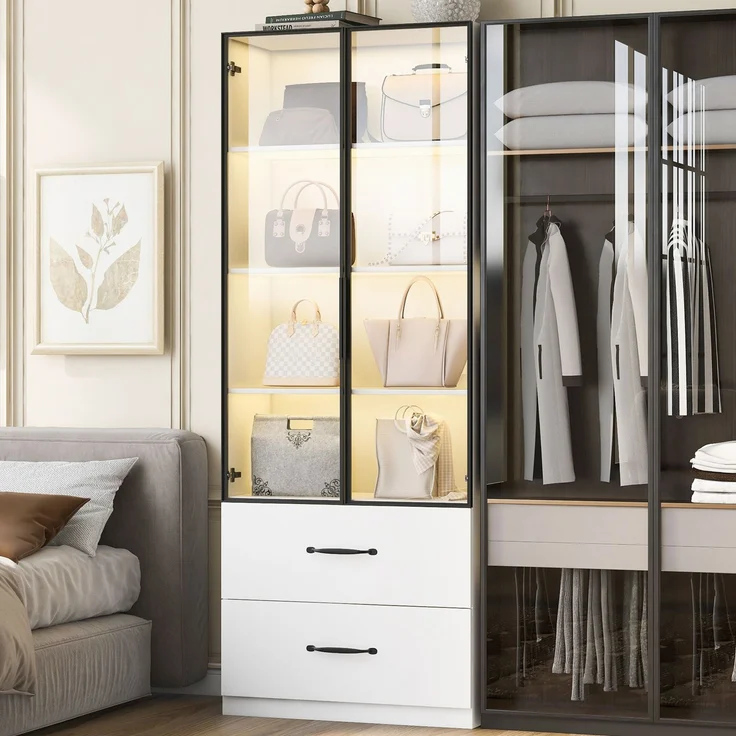 Vitrine 60x40x160 cm mit Sicherheitsglas, 7-farbiger LED-Beleuchtung und 2 Schubladen, Weiß – Bild 2