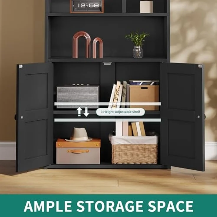 YITAHOME 4-stöckiges Bücherregal mit Türen und Schrank, freistehendes Bücherregal mit offenen Fächern für Zuhause, Büro, Wohnzimmer und Schlafzimmer, Schwarz, 60 x 30 x 159 cm – Bild 4