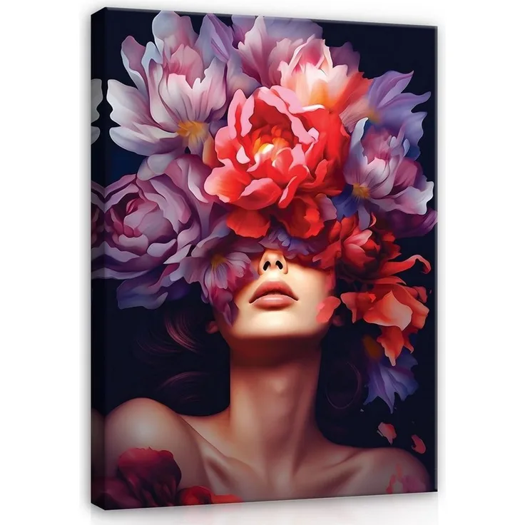 Wallarena Leinwandbild Frau Blumen - Rosa - Modern - Hochformat - Schlafzimmer, Frau, 40 x 60 x 2 cm