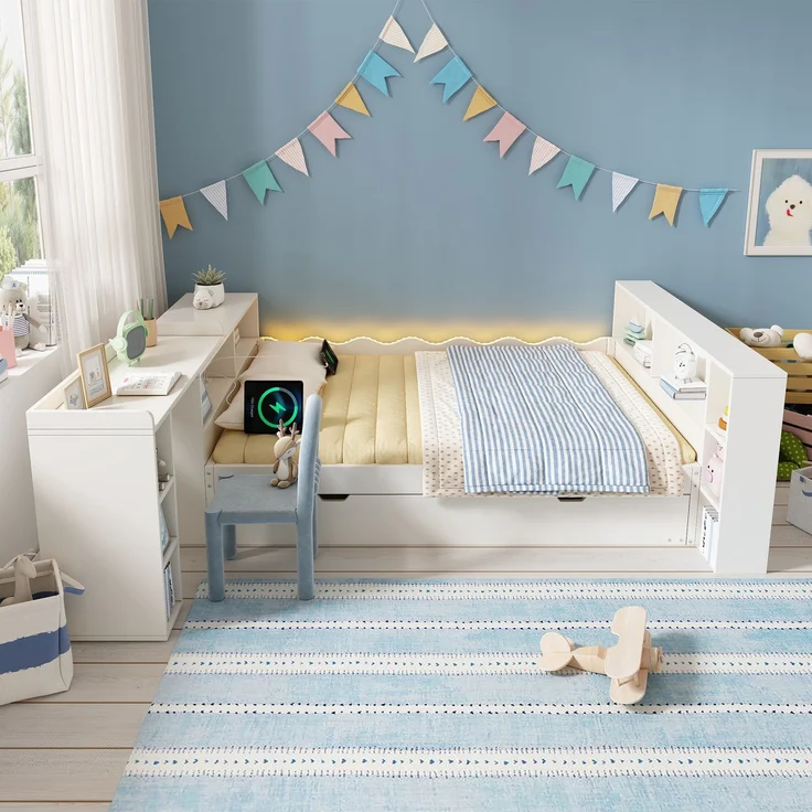 Bett 140x200 cm aus Holzwerkstoffen in Weiß mit Ausziehbett 90x190 cm, LED und Ladeanschlüssen, ohne Matratze – Bild 3