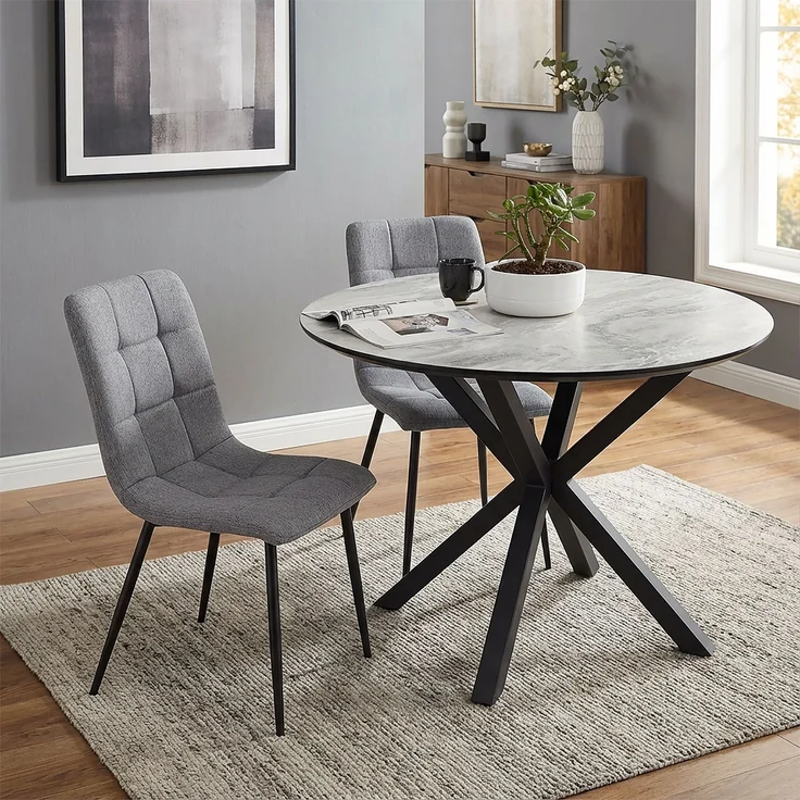 Esstisch mit 2 Stühlen Set Essgruppe Polsterstühle Leinen Grau Esszimmertisch Rund Ø 110 cm Modern Metall Schwarz – Bild 2