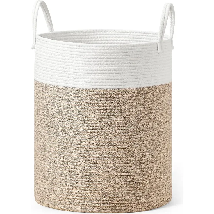 SONGMICS Wäschekorb, 60 L Wäschesammler für Kinder, Baumwollseil, mit Henkel, für Kinderzimmer, weiß-graubraun