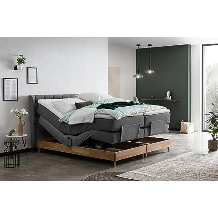 Belanoti Boxspringbett EON (Boxspringbett 180x200 elektrisch verstellbar Bett 180x200 mit Motor, 7-Zonen Taschenfederkern Matratze inklusive Visco Topper), in der Farbe Anthrazit H2/H3 Polsterbett Motorbett mit Eiche – Bild 3