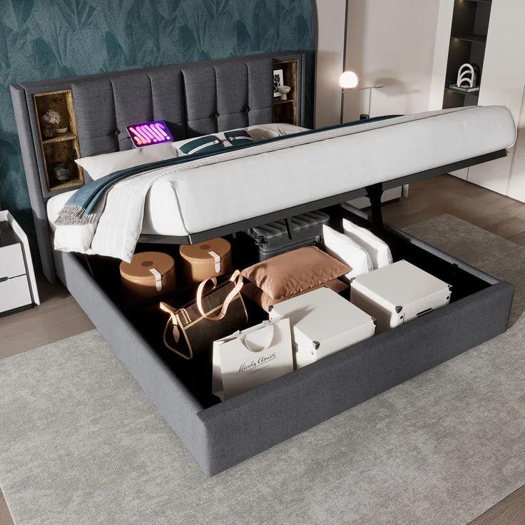 EINHOM Doppelbett 180x200cm mit Stauraum Lattenrost, Polsterbett mit Kabellosem Laden USB C, Leinen, Grau (Ohne Matratze)