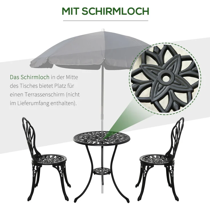 Garten-Bistroset aus Aluminium, 3-teilig mit Schirmloch, Tisch Ø60x67 cm, Schwarz – Bild 6