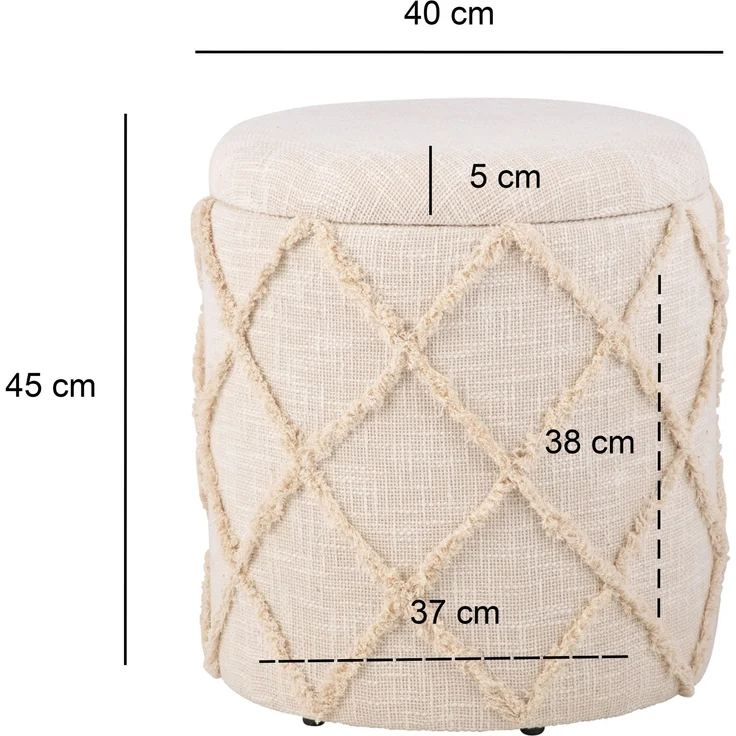 Sitzhocker mit Stauraum rund 40x40x45 cm Baumwolle Creme Boho Design abnehmbarer Deckel – Bild 3