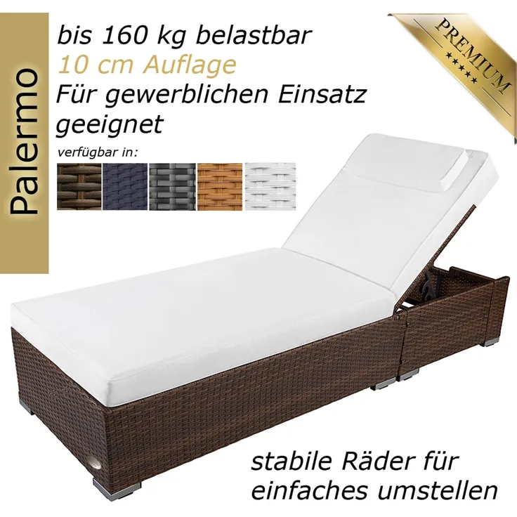 Sonnenliege Palermo mit Rollen (inkl. Auflage, Farbe wie abgebildet) aus hochwertigem Polyrattan, Liegen Farbe: Java Braun