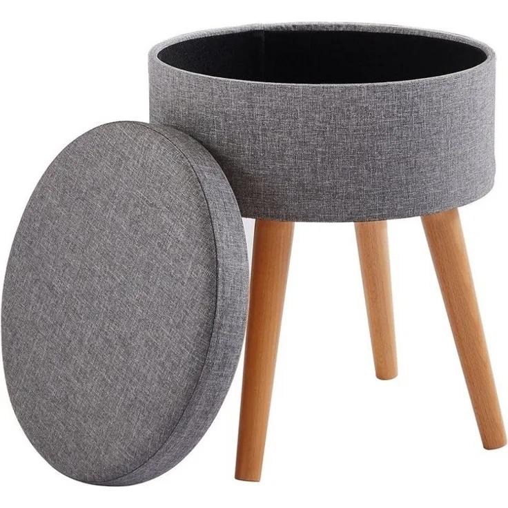 Zedelmaier Hocker Sitzhocker mit Ablage, Sitztruhe, Spielzeugtruhe, Fußhocker,rund (ZD3645), Gepolsterte Sitzfläche aus Leinen und Massivholz mit Wendedeckel