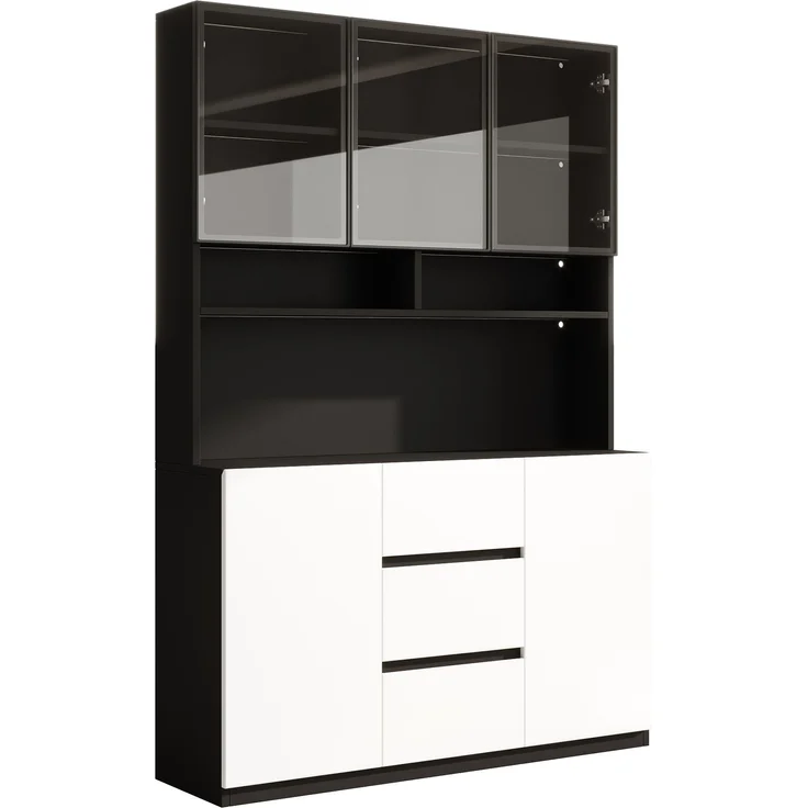 ZUBALIYA Vitrine mit LED-Beleuchtung, 120 x 200 cm, moderne Wohnzimmervitrine mit grauen Glastüren, offenen Einlegeböden, 2 Türen und 3 Schubladen, aus mitteldichter Faserplatte (MDF), in Schwarz-Weiß – Bild 8