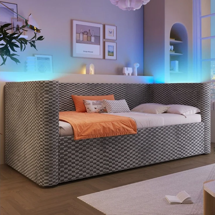 Odikalo Schlafsofa Schlafcouch Tagesbett 90x200 mit Lattenrost, Daybett, Schlafsofa, 90 × 200 cm, 180 × 200 cm, multifunktionales Ausziehbett-Design mit LED-Lichtleiste, Lattenrost (ohne Matratze), Samt, Grau / Beige – Bild 3