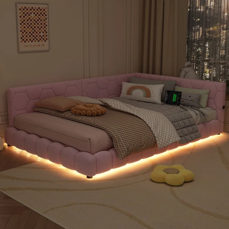 Daybett 214 × 152 × 64,5 cm ,140 × 200 cm Liegefläche – Vliesimitat & MDF,16‑Farben LED, USB/Typ‑C, Rosa – Bild 4