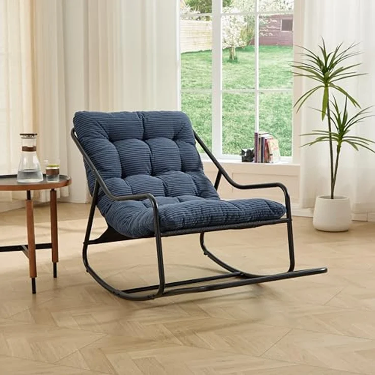 Ball & Cast Schaukelstuhl für Drinnen & Draußen, Rocking Chair mit Gepolstertem Kissen und Fußstütze, Balkonsessel für Wohnzimmer, Garten & Terrasse, Marineblau – Bild 6